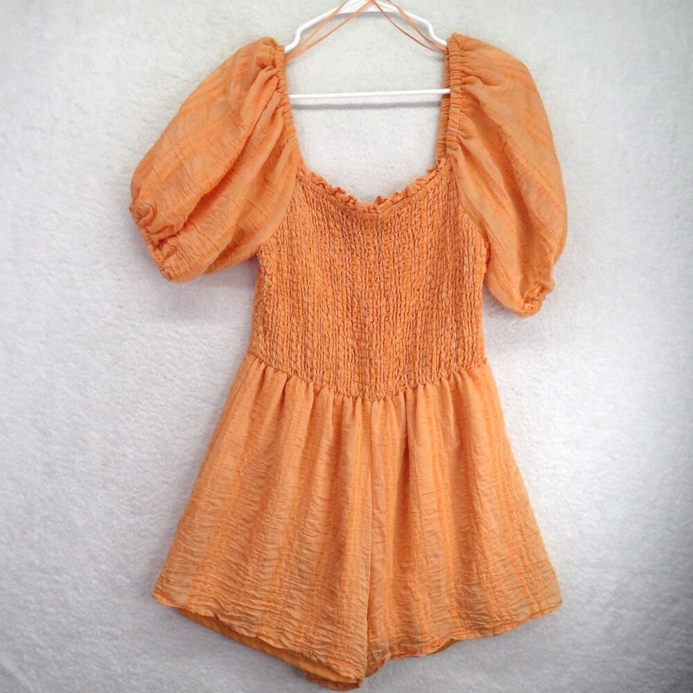 A Calin Romper Womens Medium Orange Puff Sleeve Smocked Boho‎ Summer Jumpsuit